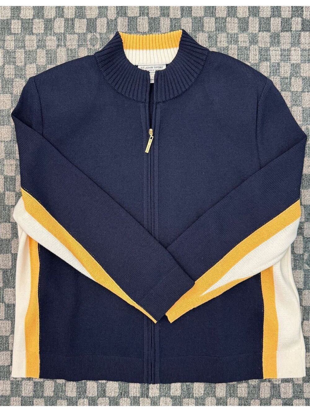 St. John Sport by Marie Gray Vintage Navy Blue w/ Stripes Zip-Up Sweater Size L